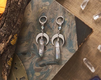 Silver Moon Crystal Earrings, Witchy Quartz Jewelry