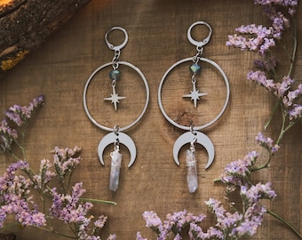 Moon and Star Crystal Earrings, Quartz Crystal, Celestial Jewelry