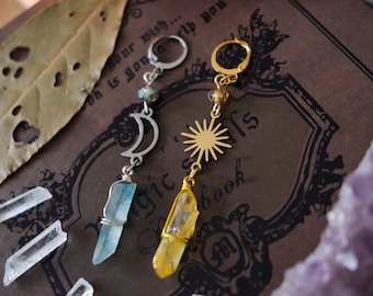 Crystal Earrings with Moon and Star, Mismatched Quartz Crystal Jewelry, Witchy Earrings