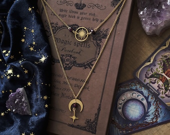 Witchy Choker Necklace, Celestial Moon and Star Jewelry, Whimsigoth Style - Gold