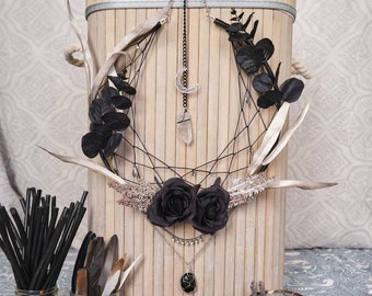 Black Dreamcatcher with Crystals, Silver Moon Wall Hanging