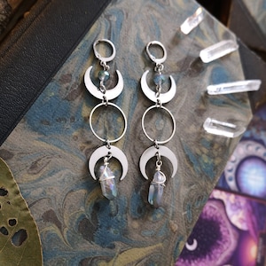 Triple Moon Phases Crystal Earrings, Quartz Crystal, Celestial Jewelry