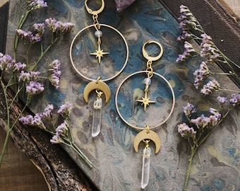 Moon and Star Crystal Earrings, Quartz Crystal, Celestial Jewelry