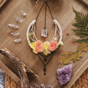Small Floral DreamCatcher with Quartz Crystal, Moon Wall Hanging