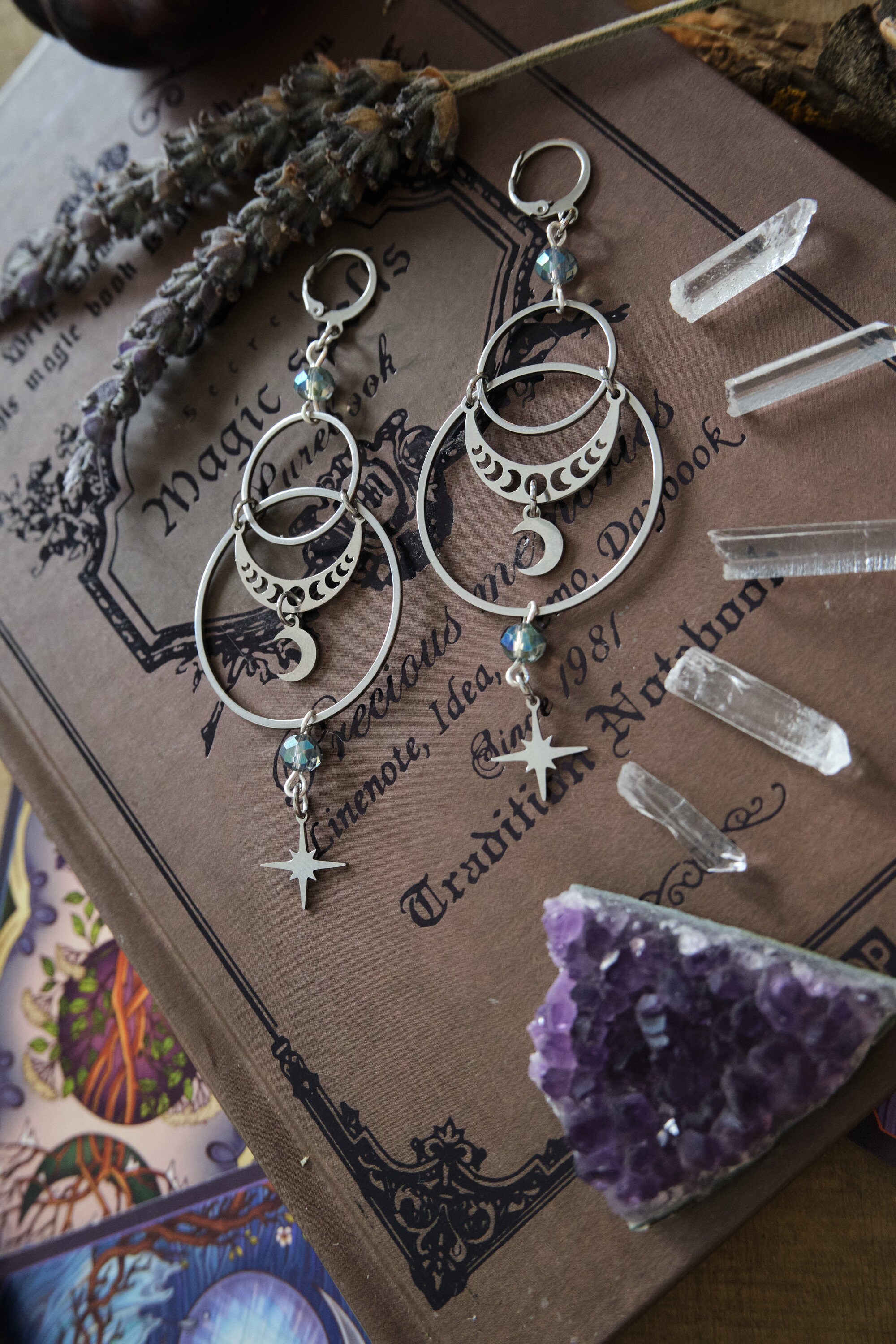 Boucles D'Oreilles Lune Et Pentagramme - Acier Inoxydable - Style Mystique Et Élégant - Cadeau Femme
