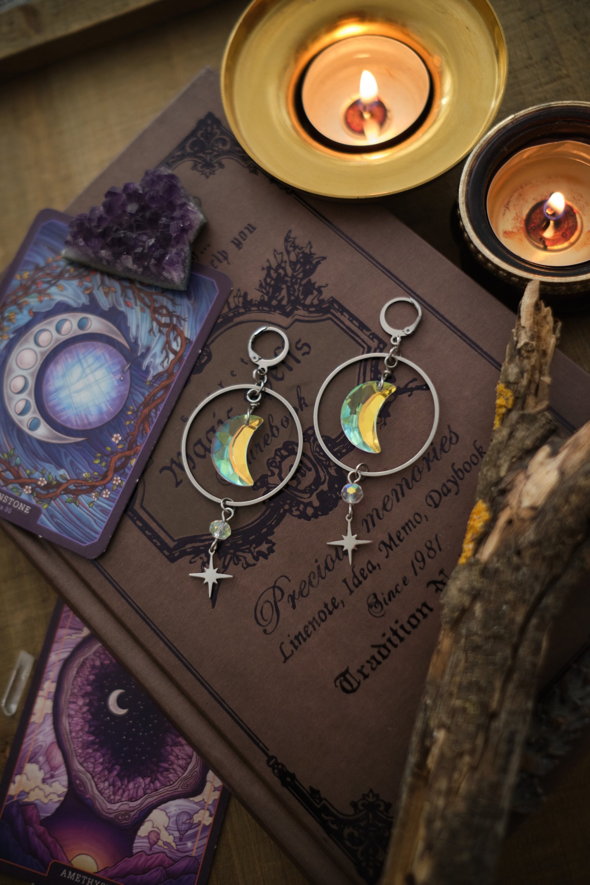 Suncatcher Earrings with Moon and Star, Rainbow Maker Crystal, Celestial Jewelry with Prism
