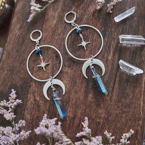 Moon and Star Crystal Earrings, Quartz Crystal, Celestial Jewelry Silver + Blue
