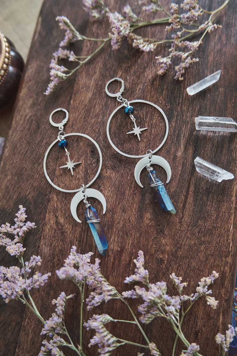 Moon and Star Crystal Earrings, Quartz Crystal, Celestial Jewelry Silver + Blue