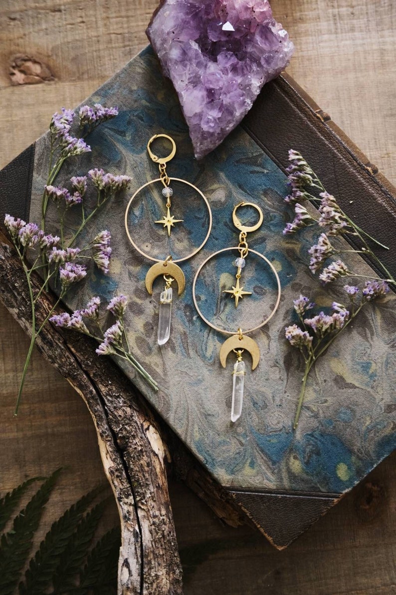 Moon and Star Crystal Earrings, Quartz Crystal, Celestial Jewelry Gold + Clear