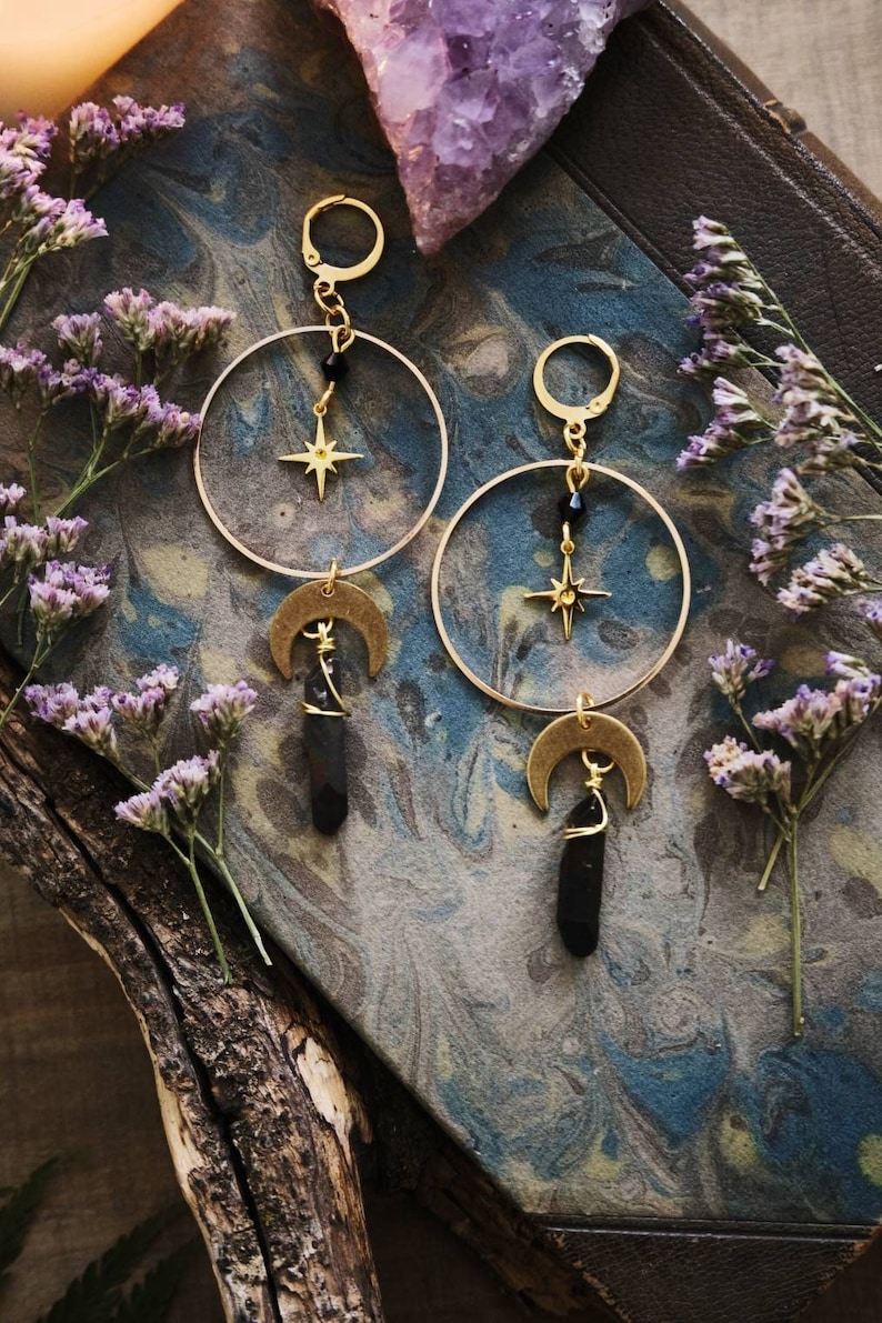 Moon and Star Crystal Earrings, Quartz Crystal, Celestial Jewelry Gold + Black