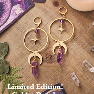 Moon and Star Crystal Earrings, Quartz Crystal, Celestial Jewelry Gold+Purple: Limited