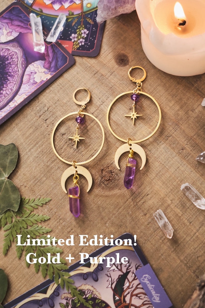 Moon and Star Crystal Earrings, Quartz Crystal, Celestial Jewelry Gold+Purple: Limited