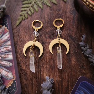 Quartz Crystal Moon Earrings, Witchy Celestial Jewelry