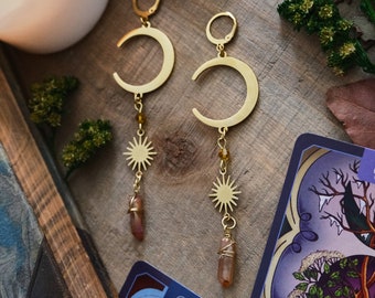 Moon and Star Crystal Earrings, Quartz Crystal, Celestial Jewelry