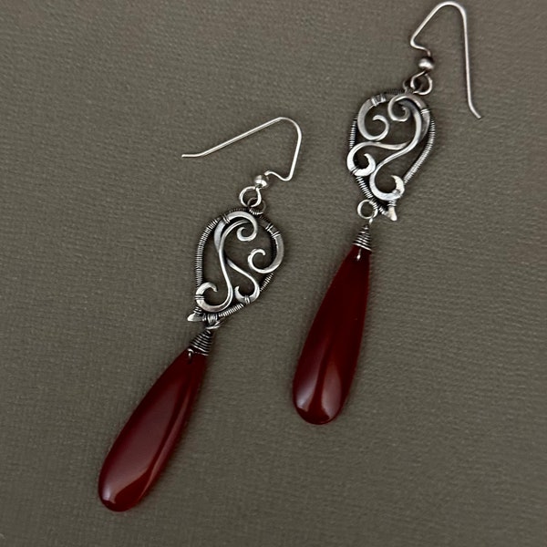 Carnelian silver earrings in handmade for women or girls with special occasions. Jewelry in unique style with Victorian designs. Handmade