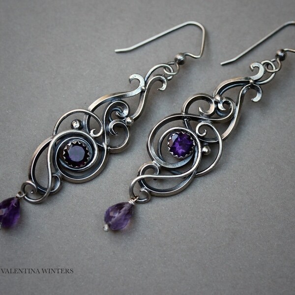 Amethyst silver earrings in handmade sterling silver jewelry with amethyst gemstone amethyst earrings boho earrings scroll earrings