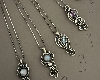 Sterling silver mini pendants in sterling silver wire with tanzanite, aquamarine, moonstone, amethyst gemstones in handmade for women/girls