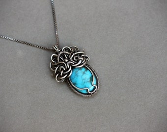 Sterling silver pendant ,turquoise necklace, Nevada turquoise,  turquoise pendant, silver jewelry, wire wrapped, Royston turquoise jewelry