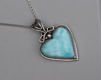 Larimar heart jewelry, handmade jewelry, Larimar pendant, Larimar heart necklace, unique jewelry, heart jewelry, heart silver necklace,