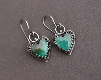 Heart silver earrings, turquoise earrings, Kingman turquoise jewelry, silver jewelry, metal jewelry, heart turquoise earrings.