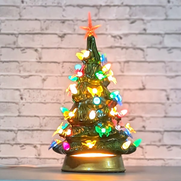 Ceramic Lighted Christmas Tree With Gold Base and Various Ornaments