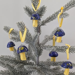 Blue and Yellow Spotted Ceramic Mushroom ornaments-Set of Six