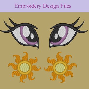 Puede incluir: Archivos de diseño de bordado para un par de ojos de dibujos animados con pestañas y dos soles con rayos.