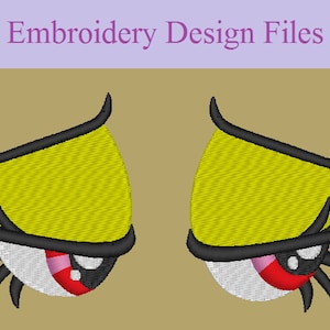May include: Two embroidered cartoon eyes with yellow eyelids, white pupils, red irises, and black eyelashes.