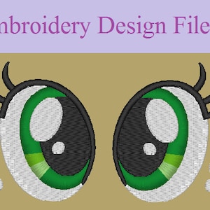 May include: Embroidered design file of two green eyes with black eyelashes and white pupils. The eyes are on a brown background.