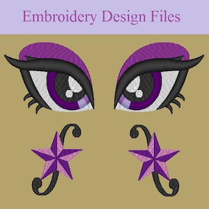 May include: Embroidery design files featuring a pair of purple eyes with black eyelashes and two purple stars with black outlines.