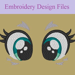 May include: Embroidered design file of two cartoon eyes with teal irises, black pupils, and white scleras. The eyes are surrounded by black eyelashes and have a gray eyebrow above each eye.
