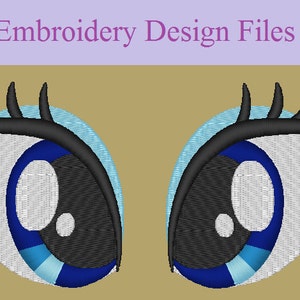 May include: Embroidery design files for a pair of cartoon eyes with blue, white, and black details. The eyes have long eyelashes and a light blue background.