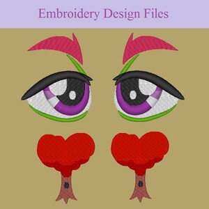 May include: Embroidery design files for a cartoon face with large eyes, eyebrows, and red hearts. The eyes are purple, green, and white. The eyebrows are pink. The hearts are red.