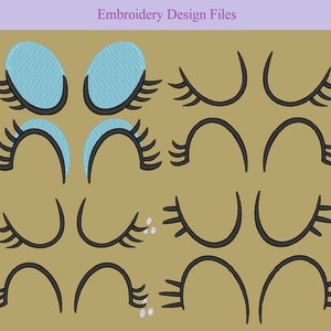 May include: Embroidery design files for creating cartoon eyes with eyelashes. The designs include blue eyes with eyelashes, closed eyes with eyelashes, and open eyes with eyelashes.