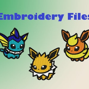 Może przedstawiać: Trzy haftowane postaci Pokemonów z kreskówek: niebieski Vaporeon, żółty Jolteon i pomarańczowy Flareon.