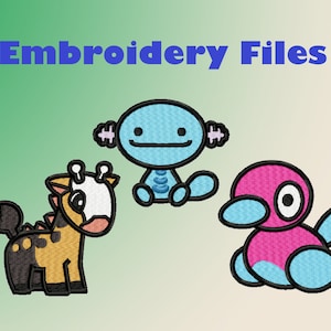May include: An image with the text "Embroidery Files" in blue. The image features three embroidered cartoon characters: a blue creature, a giraffe-like animal, and a pink and blue bird-like character.