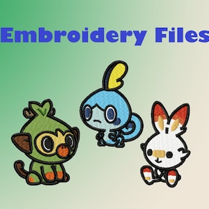 May include: Embroidery files featuring three cartoon characters: a green monkey-like creature, a blue lizard-like creature, and a white rabbit-like creature with red and orange accents. The text "Embroidery Files" is displayed above the characters.