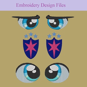 Puede incluir: Archivos de diseño de bordado con dos juegos de ojos azules con detalles blancos y negros, y dos escudos rosa y azul con una estrella rosa y estrellas azules.
