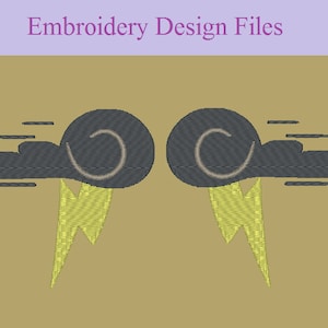 May include: Embroidery design files for two stylized clouds with lightning bolts. The clouds are gray with a white outline and the lightning bolts are yellow.