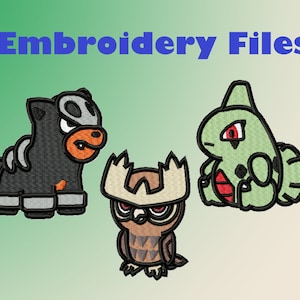 Puede incluir: Archivos de bordado para tres personajes de Pokémon: un Pokémon parecido a un perro negro y gris, un Pokémon parecido a un búho marrón y tostado con una corona y un Pokémon parecido a un lagarto verde y rojo.