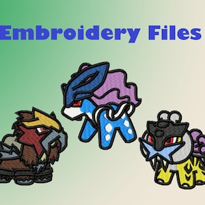 May include: Embroidery files featuring three cartoon characters. The first character is a brown, red, and yellow bird-like creature with a beak and a yellow crest. The second character is a blue and purple creature with a long, flowing mane. The third character is a yellow and black creature with a large, toothy mouth.