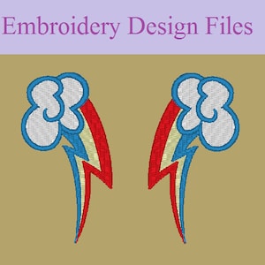 May include: Two embroidered designs of a blue cloud with a rainbow and lightning bolt. The designs are in red, white, blue, and yellow.