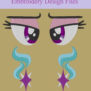 May include: Embroidery design files for a cartoon character's eyes and a star with a blue swirl. The eyes are purple, white, and black. The star is purple and the swirl is blue.