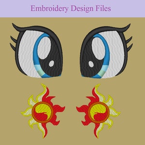 Puede incluir: Archivos de diseño de bordado para un par de ojos de dibujos animados con pestañas y un par de símbolos solares con acentos rojos, amarillos y blancos.