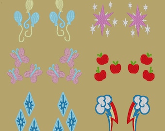 Op de afbeelding: Borduurbestanden met verschillende cartoonfiguren. De ontwerpen omvatten een roze ster met een gele omtrek, een set blauwe en gele ballonnen, een roze vlinder, een rode appel, een blauwe diamant en een blauwe en rode wolk met een bliksem.