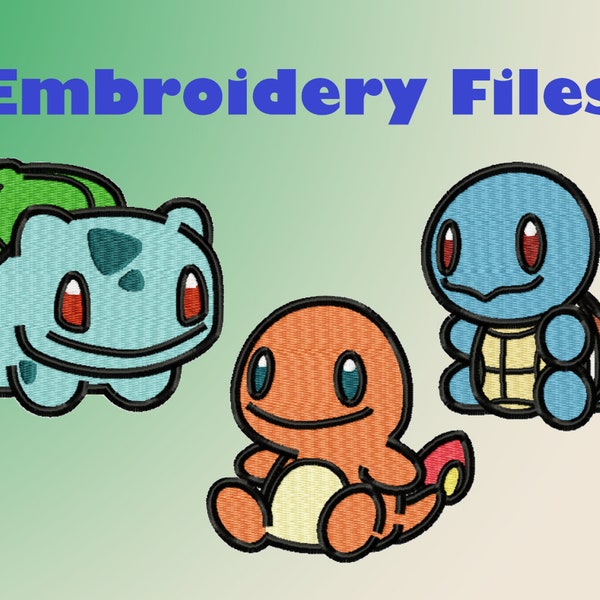 Pokemon Pokedoll Digital Embroidery Files: Kanto Starters Bulbasaur, Charmander, and Squirtle set .PES .HUS .JEF etc