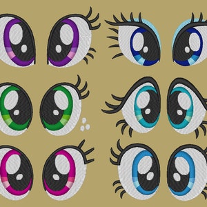 Peut inclure: Un ensemble de 10 yeux de dessin animé avec des iris et des cils de différentes couleurs. Les yeux sont blancs avec des pupilles noires et sont entourés de cils noirs. Les iris sont violets, verts, bleus et roses.