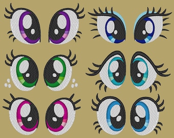 Op de afbeelding: Een set van 10 cartoonogen met verschillende gekleurde iris en wimpers. De ogen zijn wit met zwarte pupillen en zijn omringd door zwarte wimpers. De iris zijn paars, groen, blauw en roze.