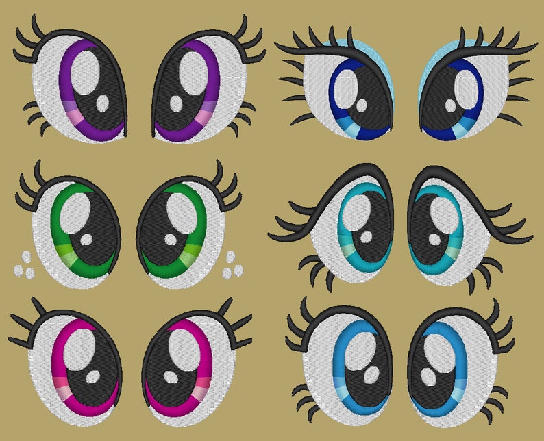 May include: A set of 10 cartoon eyes with different colored irises and eyelashes. The eyes are white with black pupils and are surrounded by black eyelashes. The irises are purple, green, blue, and pink.