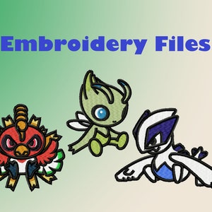 Peut inclure: Fichiers de broderie pour trois personnages de Pokemon en dessin animé : une créature rouge et jaune ressemblant à un oiseau avec une couronne, une créature verte et jaune ressemblant à un insecte avec des ailes, et une créature blanche et bleue ressemblant à un oiseau avec des ailes.